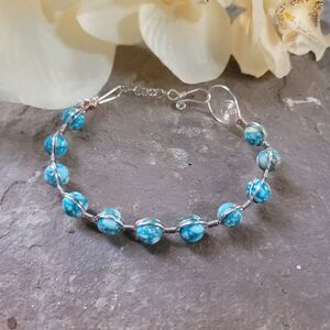 Handmade Turquoise Blue Beaded Silver Wire Wrapped Cuff Bracelet Boho Jewelry